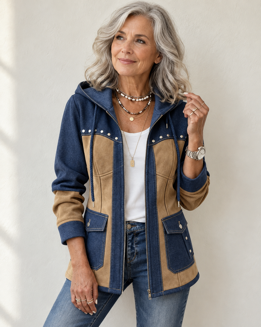 Adriana | Giacca con cappuccio nei colori blu navy e cammello